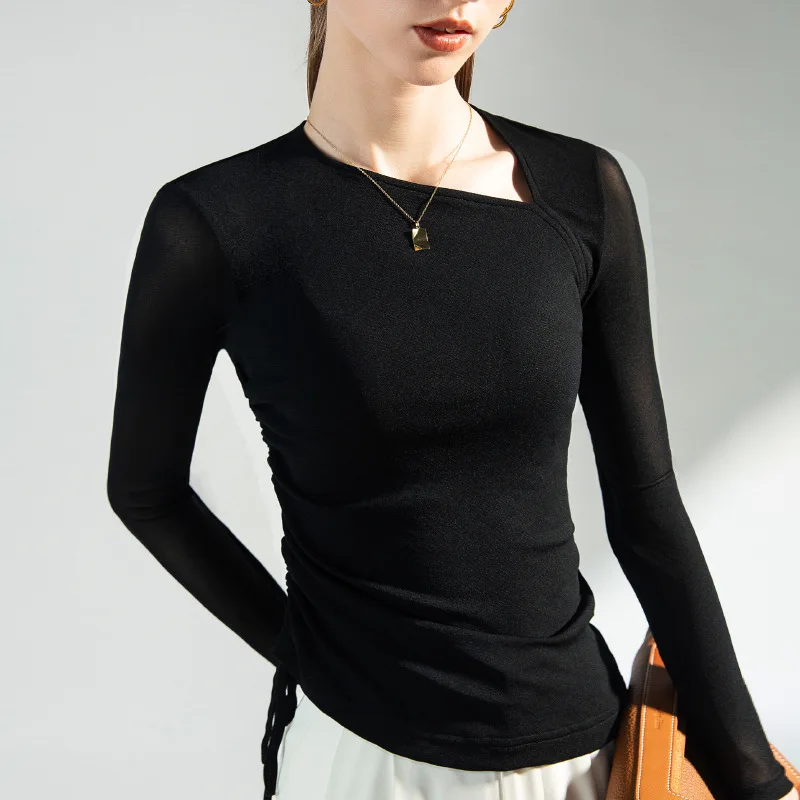 

High Quality 2022 Women T-shirt Drawstring Design Female Autumn Sexy Crop Top Clothes Casual Fashion Blouses Grace Meeting