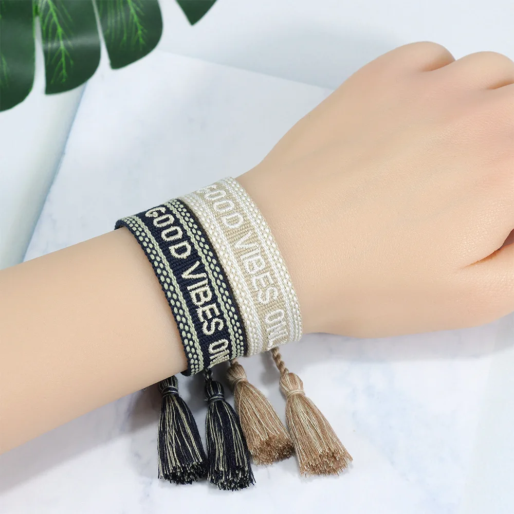 

Hand Embroidered Wrist Band Tassel Letter Vibes Braided Bracelet Women Jewelry Wholesale Good Quality