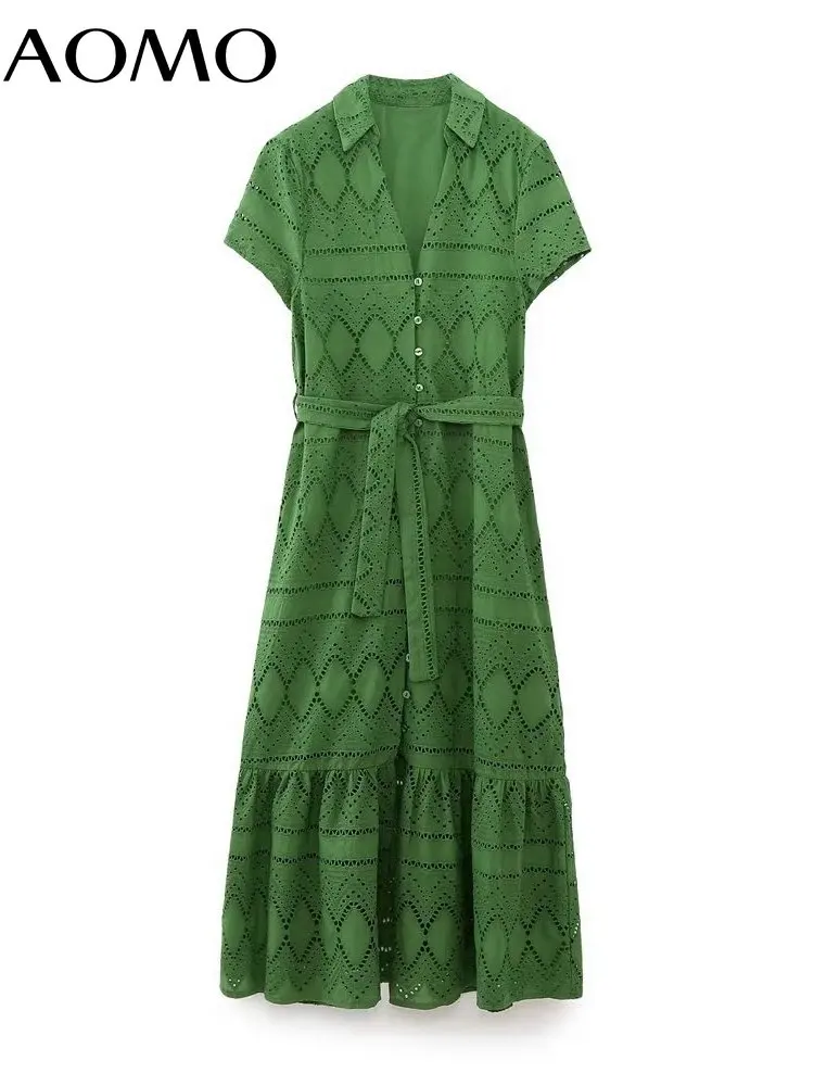 

AOMO 2023 Summer Women Green Hollow Embroidery Dress With Slash Short Sleeve Female Vintage Midi Dress 6H410A
