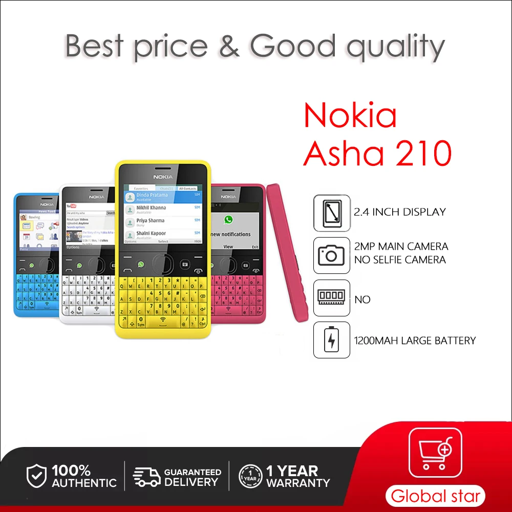 

Nokia Asha 210(2013) Original Unlocked Dual SIM Card 2.4 inch 2MP Li-Ion 1200 mAh mobile phone