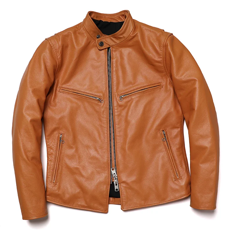 

2024 New Yellow Genuine Leather Jacket Man Calf Skin Motorcycle Jackets Men's Natural Cowhide Fashion Clothing Free Shipping