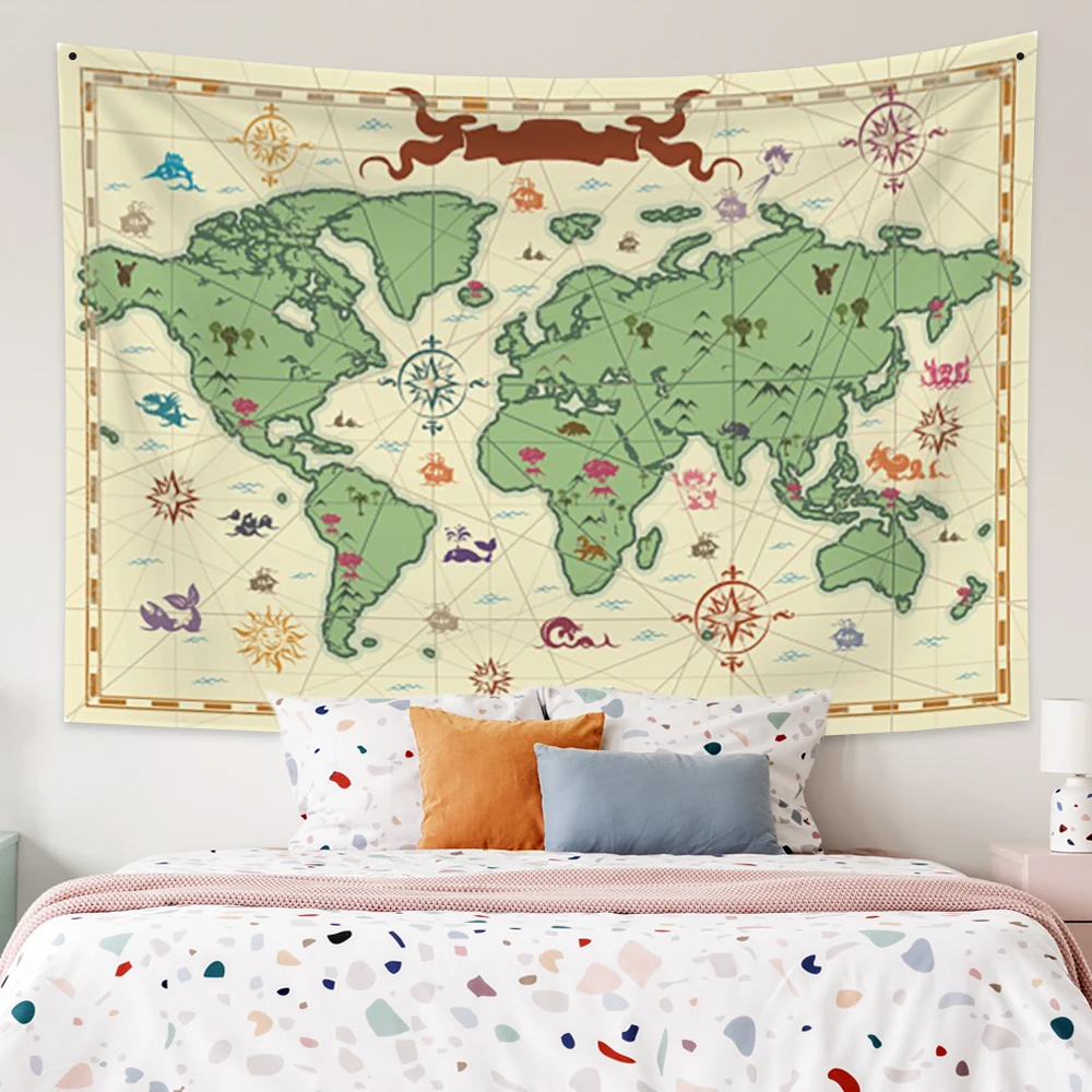 

World Map Tapestry High-Definition Map Fabric Wall Hanging Decor Watercolor Map Letter Polyester Table Cover Yoga Beach Towel