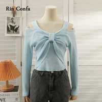 rin confa women low neck dew shoulder long sleeve y2k clothes sexy chic fold thin sweater all match knitting top women