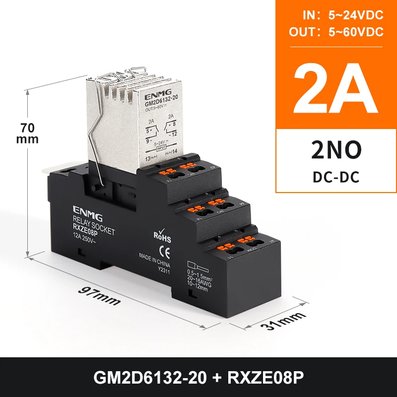 

ENMG 1NO 2NO 1NO1NC DIN35MM Малое твердотельное реле рельсового типа, управление постоянным током, 15A 5A2A5 ~ 24 В постоянного тока, 220 В, без контакта, винт, линейное основание
