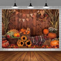 Fall Thanksgiving Photography Backdrop Rustic Wooden Floor Barn Harvest Background Autumn Pumpkins Maple Leaves Sunflower Decor