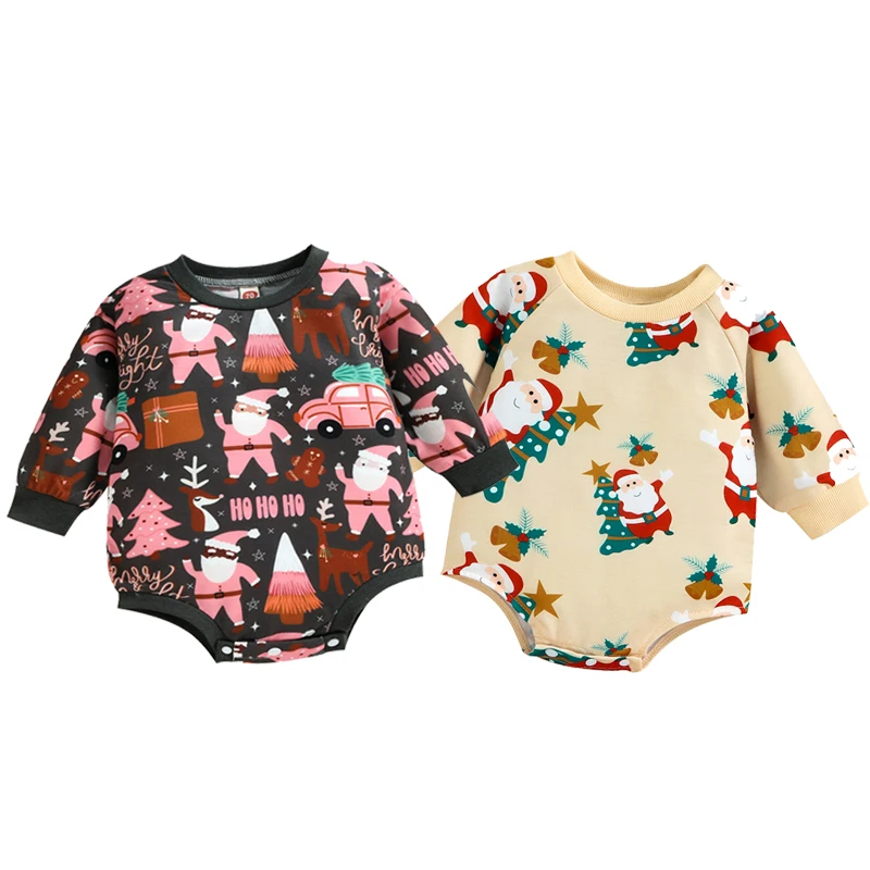 

Toddler Baby's Clothes Romper Christmas Santa Claus Tree Elk Print Round Neck Long Sleeve Bodysuit for Girls Boys 0-18 Months