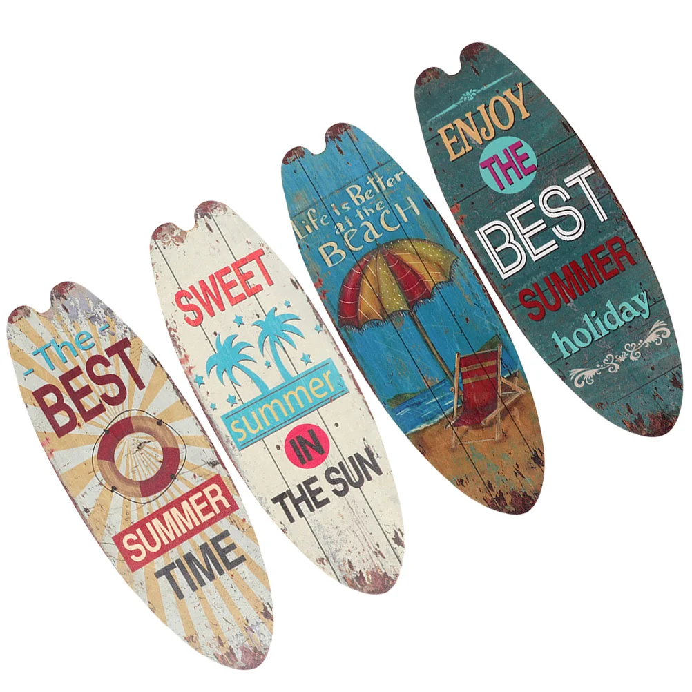 

4 Pcs Surfboard Wooden Sign Decor Plaque Summer Beach Decorations Home Wall Party Signs Outdoor Pool