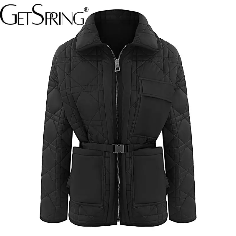 

Парка GetSpring Женская Стеганая, однотонная простая верхняя одежда на молнии с поясом, теплая свободная Длинная Верхняя одежда для отдыха, зима...