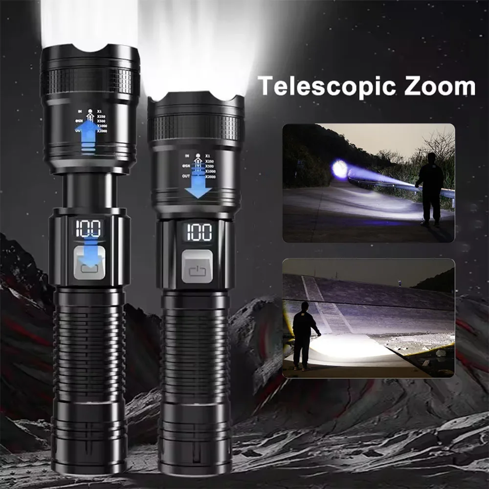 Фото Мощные светодиодные фонари 180000 лм, тактический фонарь с дисплеем, USB-зарядка, для кемпинга, рыбалки, экстренных ситуаций, с зумом №3
