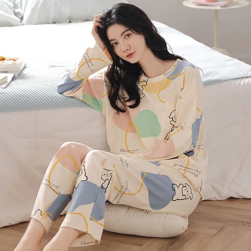 Pure cotton pajamas women age season long sleeve students can wear suits thin coltsfoot household to take big yards