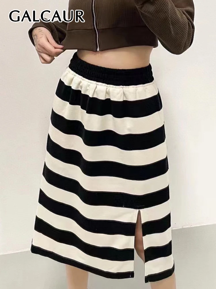 

GALCAUR Casual Striped Colorblock Skirt For Women High Waist Split Side Loose Straight Midi Skirts Female Spring Clothing Style