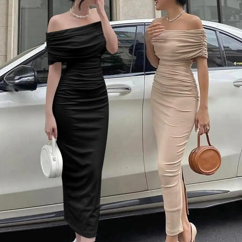

Off the Shoulder Maxi Dresses for Women 2023 Fashion Solid Pleated Bodycon Dress Long Sleeve Elegant Party Evening Dress