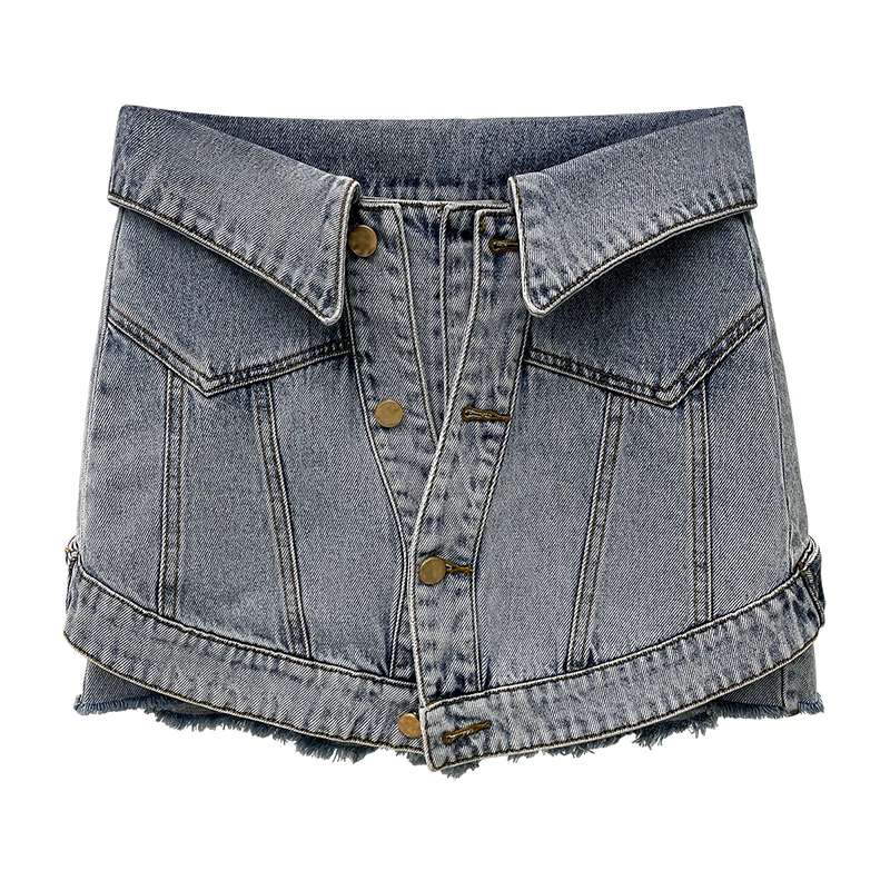 

GetSpring Women Shorts 2022 Summer Fake Two High Waist Denim Shorts Single Breasted Slim Thin Blue Jean Shorts Fashion All Match
