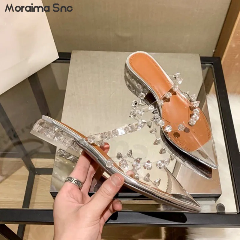 Women's Summer Rhinester Baotou Slippers New Transparent Pointed Wine Glass Heel Back Empty High Heel Sandals Sexy Slippers