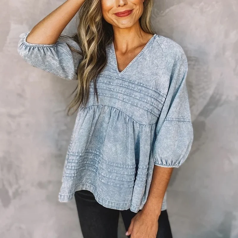 Long Sleeve Denim Top for Women 2022 Spring Fashion V-neck 3/4 Lantern Sleeve Solid Color Sexy Loose V-neck Top for Women 2022