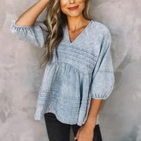 long sleeve denim top for women 2022 spring fashion v neck 34 lantern sleeve solid color sexy loose v neck top for women 2022
