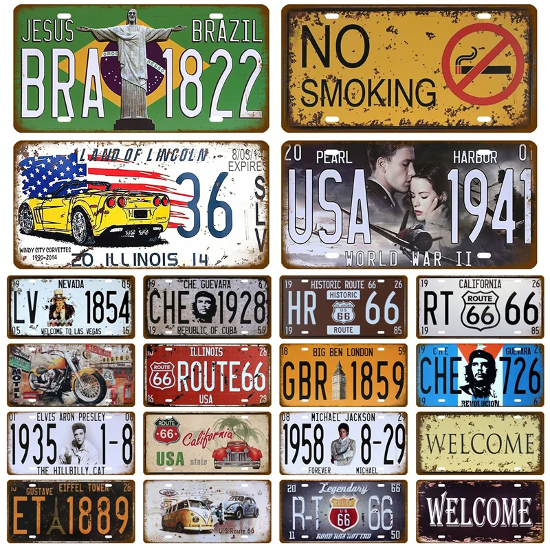 

Route 66 Vintage Poster Car Number License Plate Plaque Poster Metal Tin Signs Bar Club Wall Art Garage Home Decoration 15*30cm