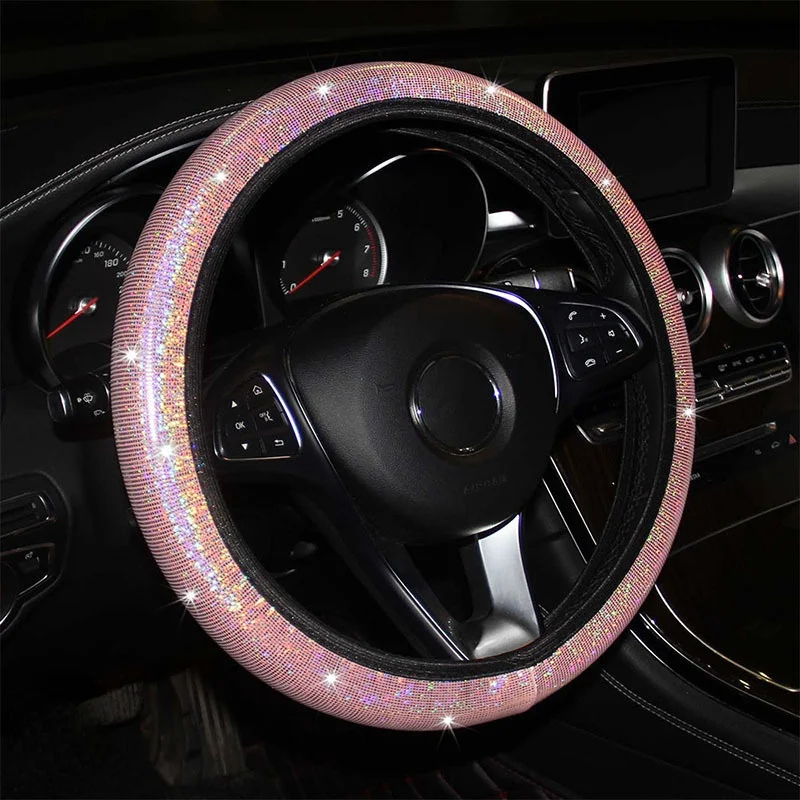 

Universal Car Steering Wheel Cover 38mm Faux Leather Rhinestones Imitation Diamond Anti-slip Pink Steering Wheel Cover For Girls