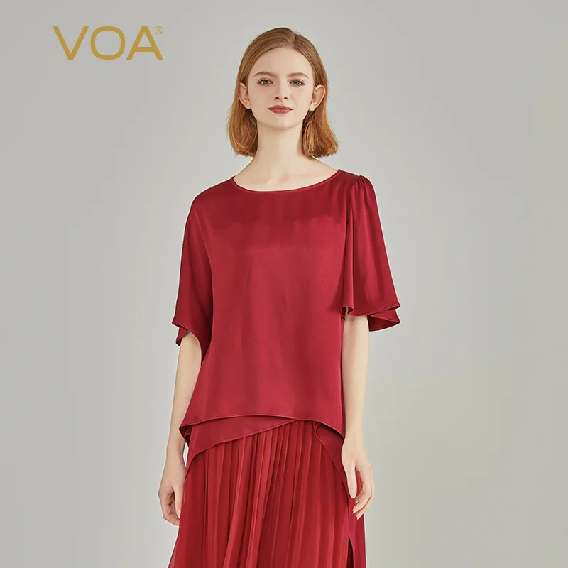 

VOA 40 Momme Silk Double Sided Satin Sauce Red O-neck Silk Tops Women Smooth Gloss Asymmetric Design Loose Casual T-shirt BE1600