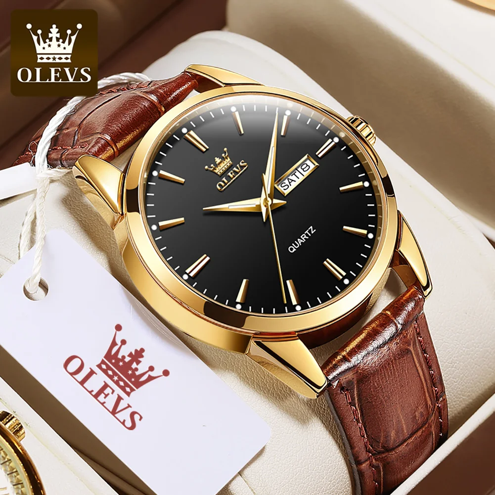 

Роскошные мужские наручные часы OLEVS, светящиеся водонепроницаемые деловые часы с отображением даты и недели, спортивные кварцевые часы с кожаным ремешком, мужские часы 6898