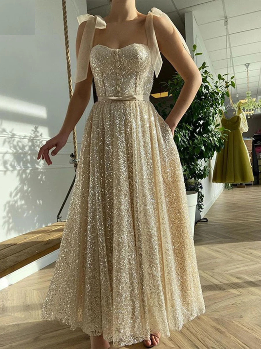 

Shiny Prom Dresses Bow Straps Sequined Sweetheart Glitter Evening Celebrate Gown with Pockets Ankle Length 2022