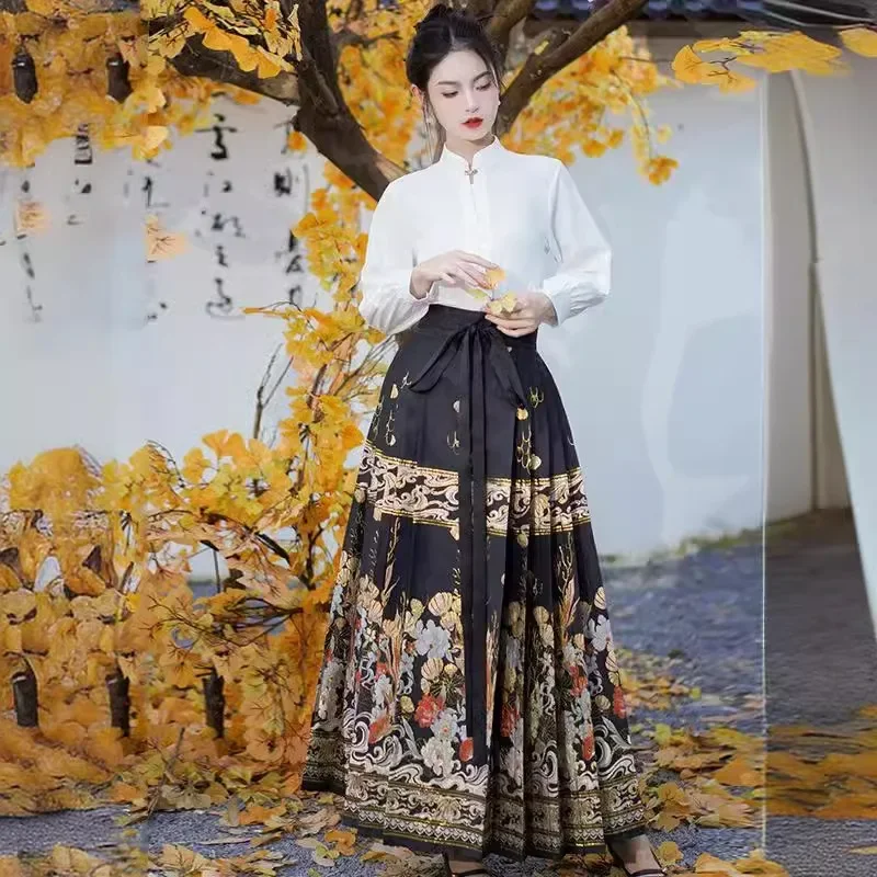 Женский костюм с юбкой в китайском стиле Hanfu однотонная белая рубашка