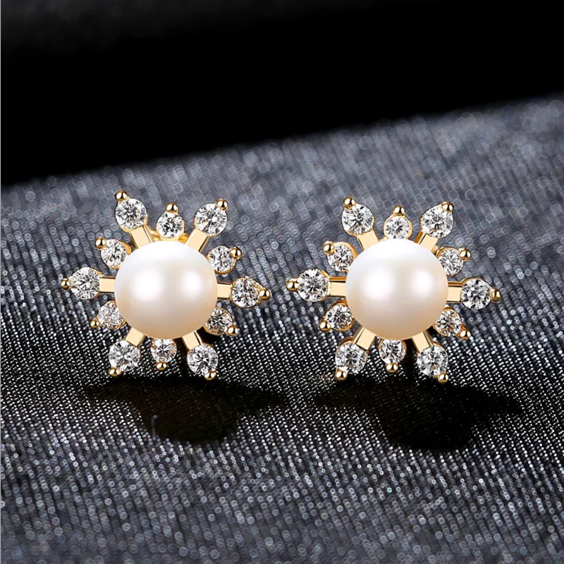 

MeiBaPJ New Small 925 Genuine Silver Natural Freshwater Pearl Snowflake Stud Earrings Fine Wedding Jewelry for Women