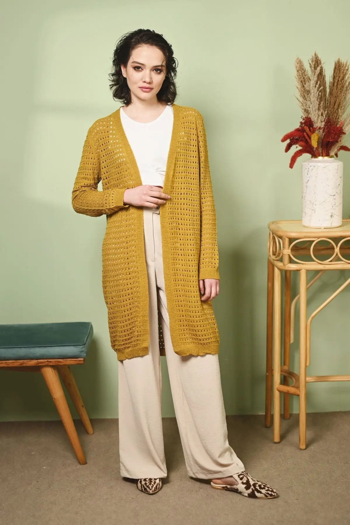 

Women's Cardigan 7167-Hole Open Front Seasonal With Openwork - Mustard Casual Knitted Quality Fashion Sweaters Loose Jumper