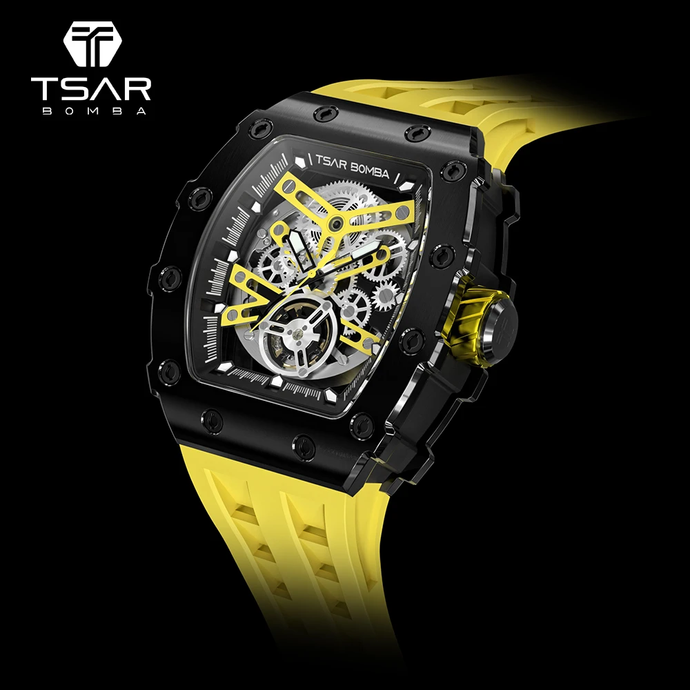 

TSAR BOMBA Top Brand Luxury Watch 316L Stainless Steel Waterproof Skeleton Mens Watch Transparent Mechanical Sport WristWatches