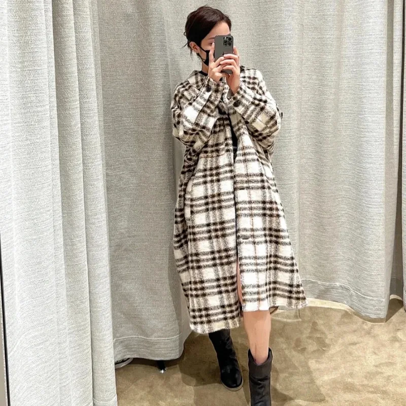 

Vintage Long Sleeve Plaid Tweed Coats for Women Casual Lapel Oversize Winter Coat 2022 Office Wear Loose Long Wool Outwears