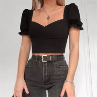 2021 fashion trend women solid color crop top short puff sleeves v collar pullover vintage style t shirts summer fitting tees
