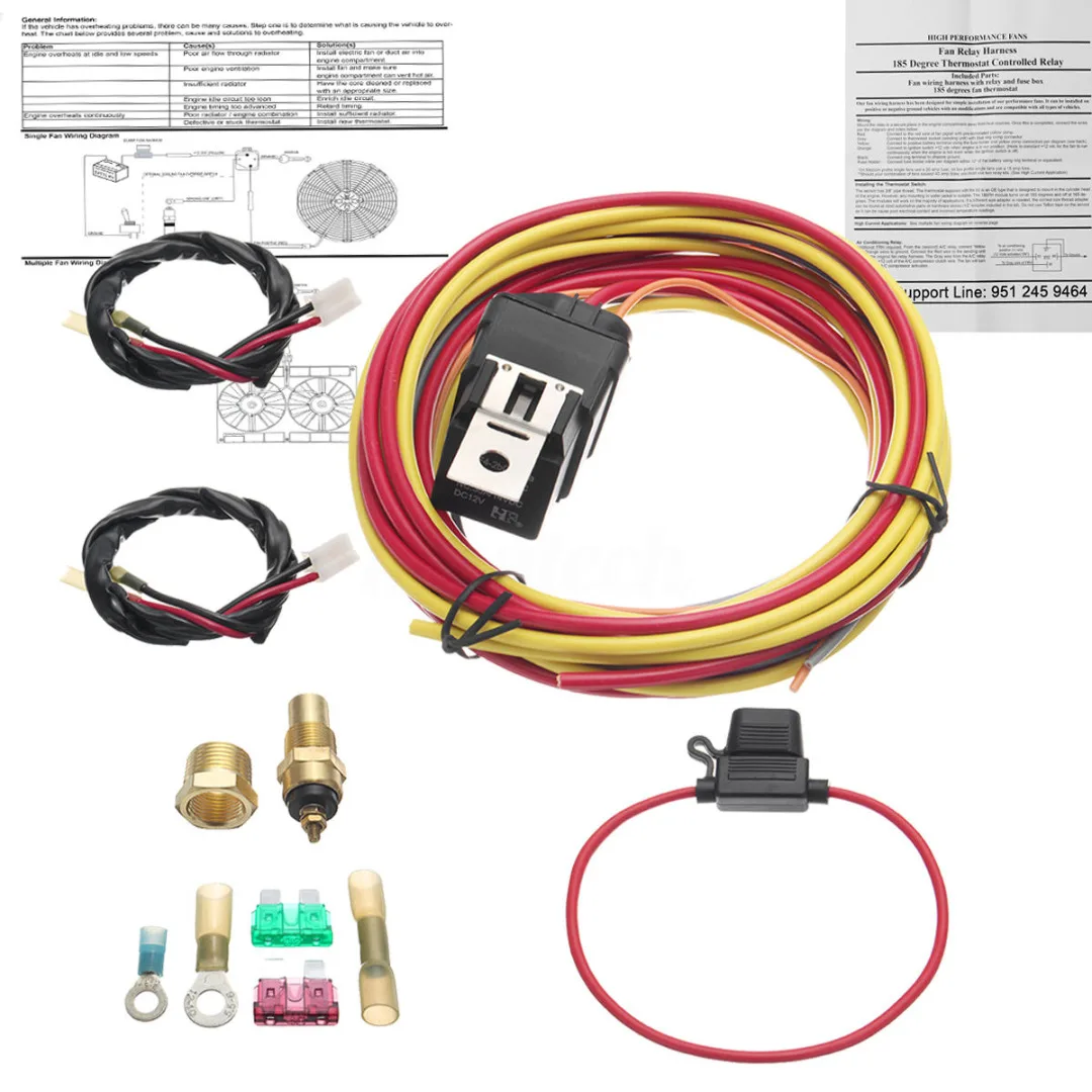 Arnés de cableado de ventilador eléctrico Dual, Kit de relé de 40A, Sensor de termostato, 165 a 185
