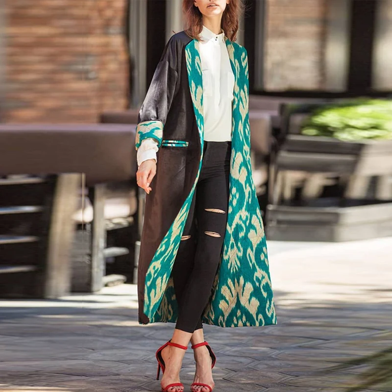 

Autumn Retro Print Long Coat Women Casual Long Sleeves O Neck Pocket Woolen Coat Ladies Fashion Loose Double Sided Wearable Coat
