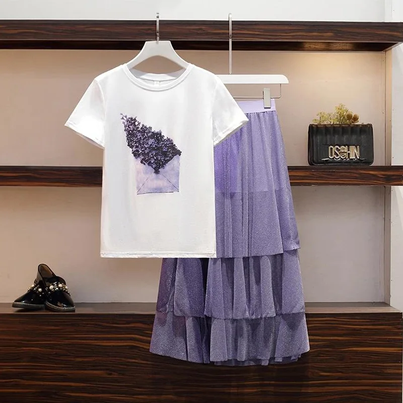 

Летний женский модный комплект из двух предметов, футболка с солнцем и плиссированная юбка средней длины с оборками, стандартный наряд, пов...