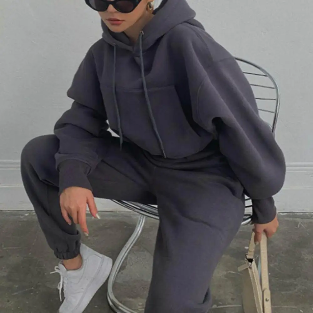 

Women Tracksuit Hoodies Casual Solid Long Sleeve Warm Hooded Sportswear Suit Hoody Pullovers Long Pant Two Pieces Sets