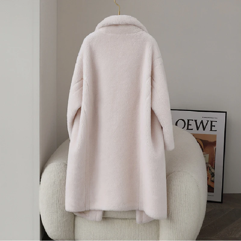 Long Faux Fur Coat Wool Blends Pockets Winter Jacket Women 2022 New Double Faced Fur Office Lady Loose Famale Clothing Parkas