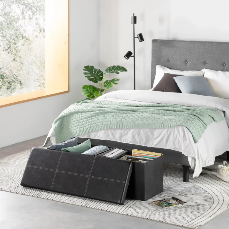 

Mellow 45" Black Faux Leather Collapsible Storage Ottoman