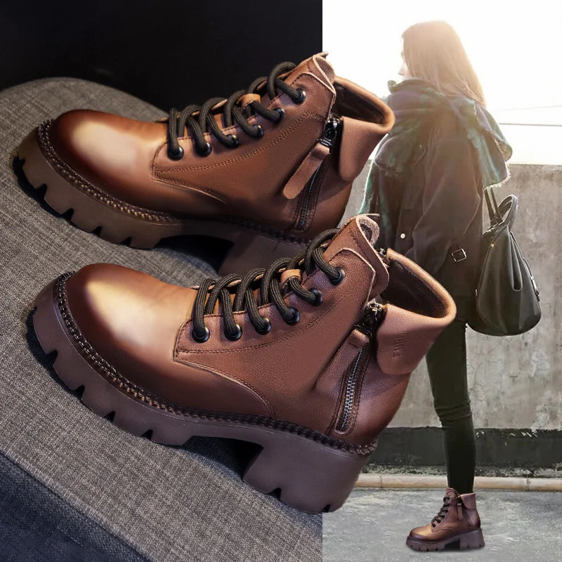 

Новинка 2022, осенние кожаные Ботинки Martin, женские короткие ботинки на толстой подошве в британском стиле, ботинки на молнии для весны и осени