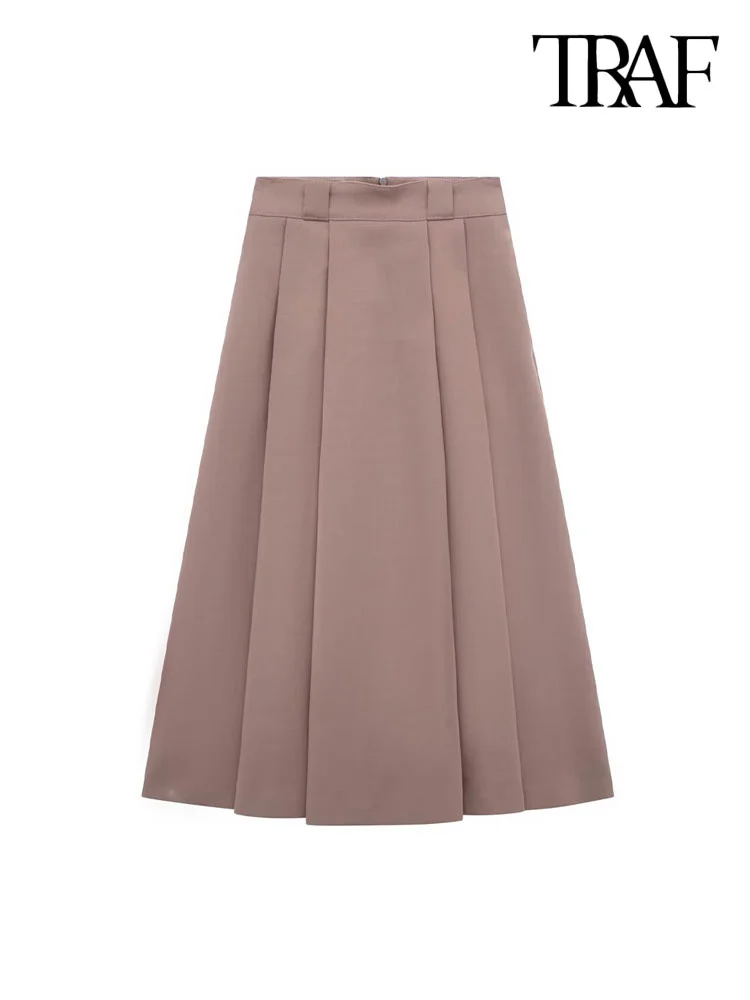 

TRAF Women Fashion With Pockets Pleated Midi Skirt Vintage High Waist Back Zipper Female Skirts Mujer
