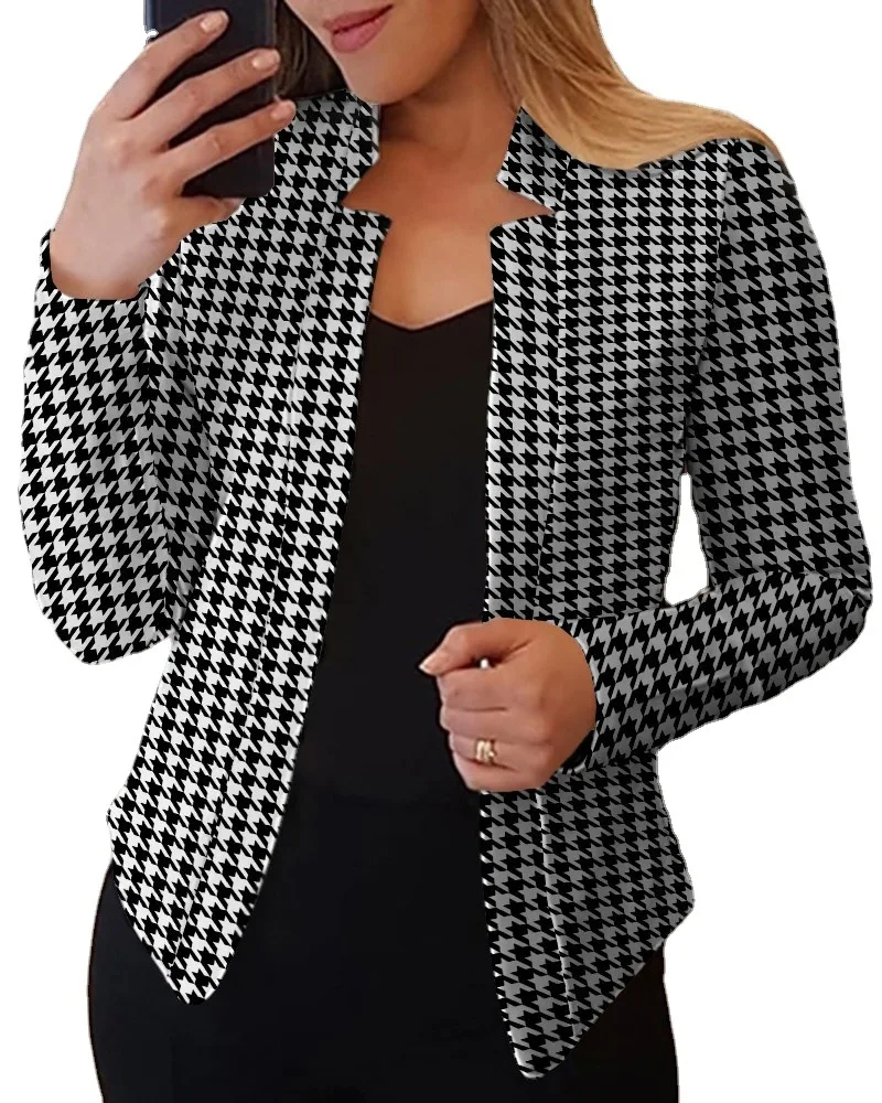 

Blazer Women Fashion Plaid Printed Slim Fit Stand Collar Casual Small for Women Women's Suit