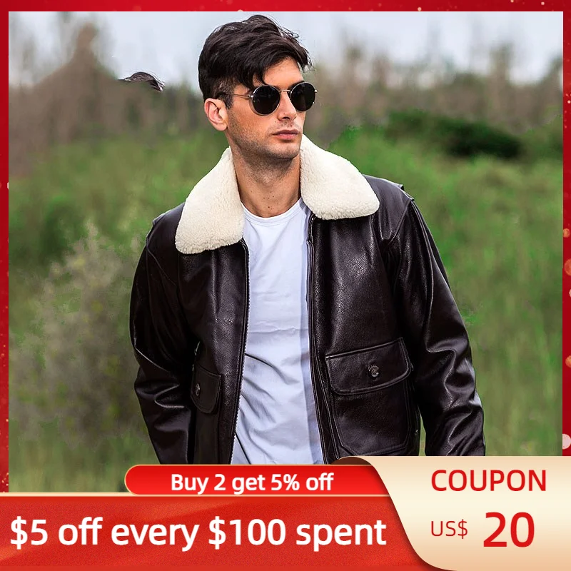 

2022 Brown Men Military Style A2 Pilot Leather Jacket Europe Size XXL Wool Collar Genuine Natural Cowhide Autumn Aviation Coat