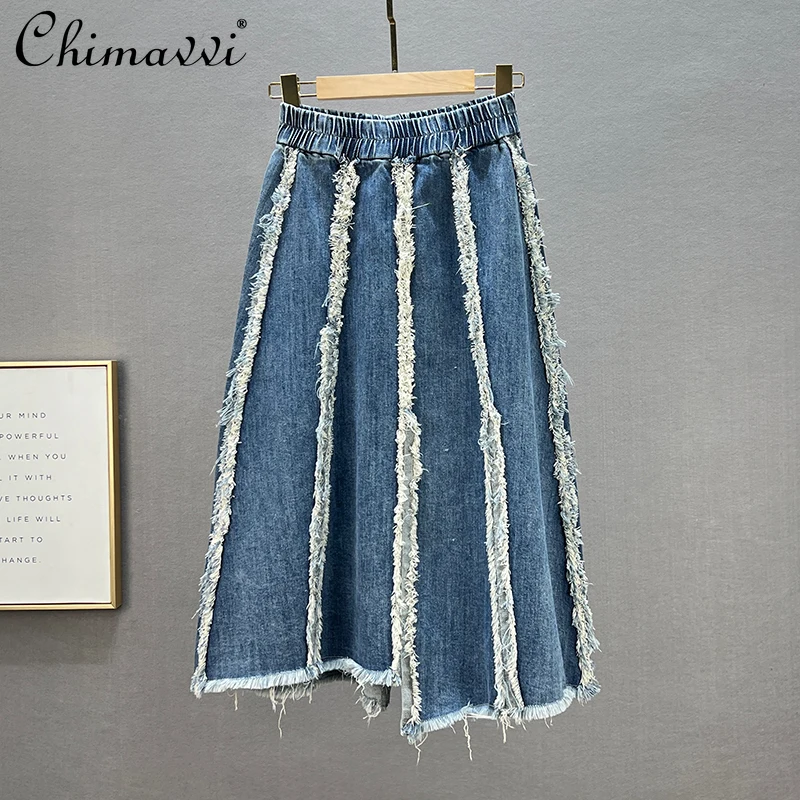

European Style Patchwork Denim Skirt for Women 2022 Spring/Summer New Fashion Elastic High Waist Loose Slim Mid-Length Skirts