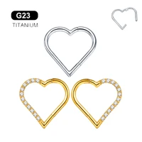 100 astm f136 g23 titanium heart cz zircon nose rings daith septum helix hinged piercing conch cartilaged earring hoop stud 16g