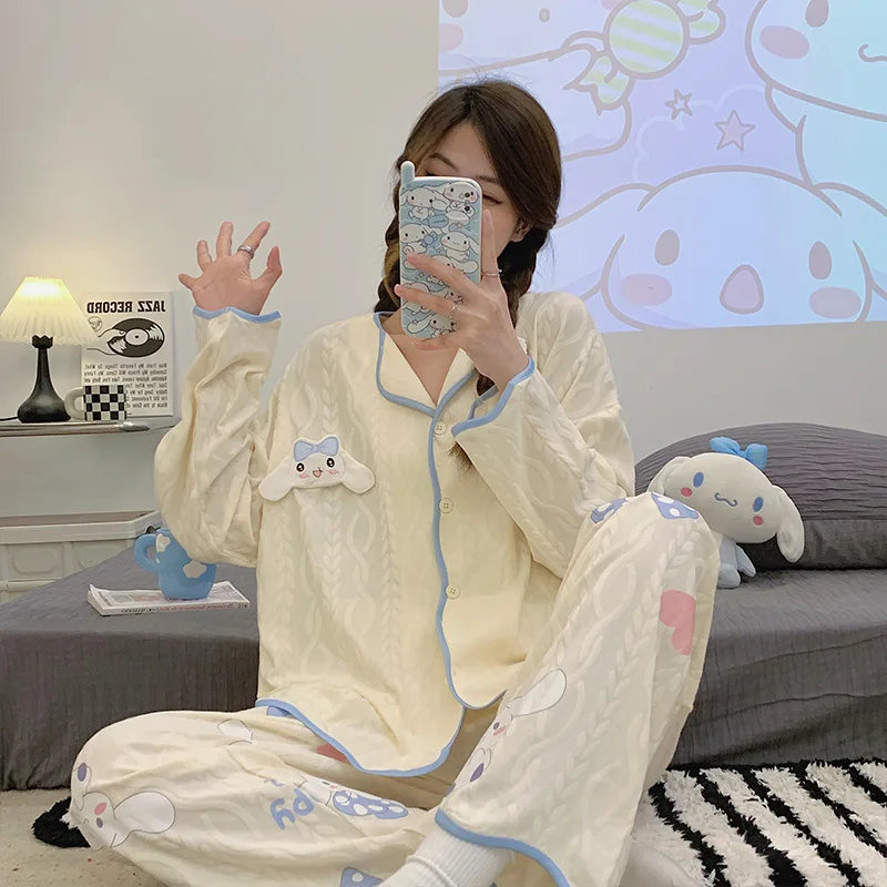 

Новый весенне-осенний Пижамный костюм Sanrio Kuromi Cinnamoroll с длинными рукавами аниме Y2K милый кардиган для девочек мультяшная Домашняя одежда подарок
