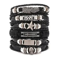 6pcs/set Vinatge Gothic Punk Multilayer Genuine Leather Bracelet Men Braided Weave Charm Bracelets Bangles Wristbands Jewelry