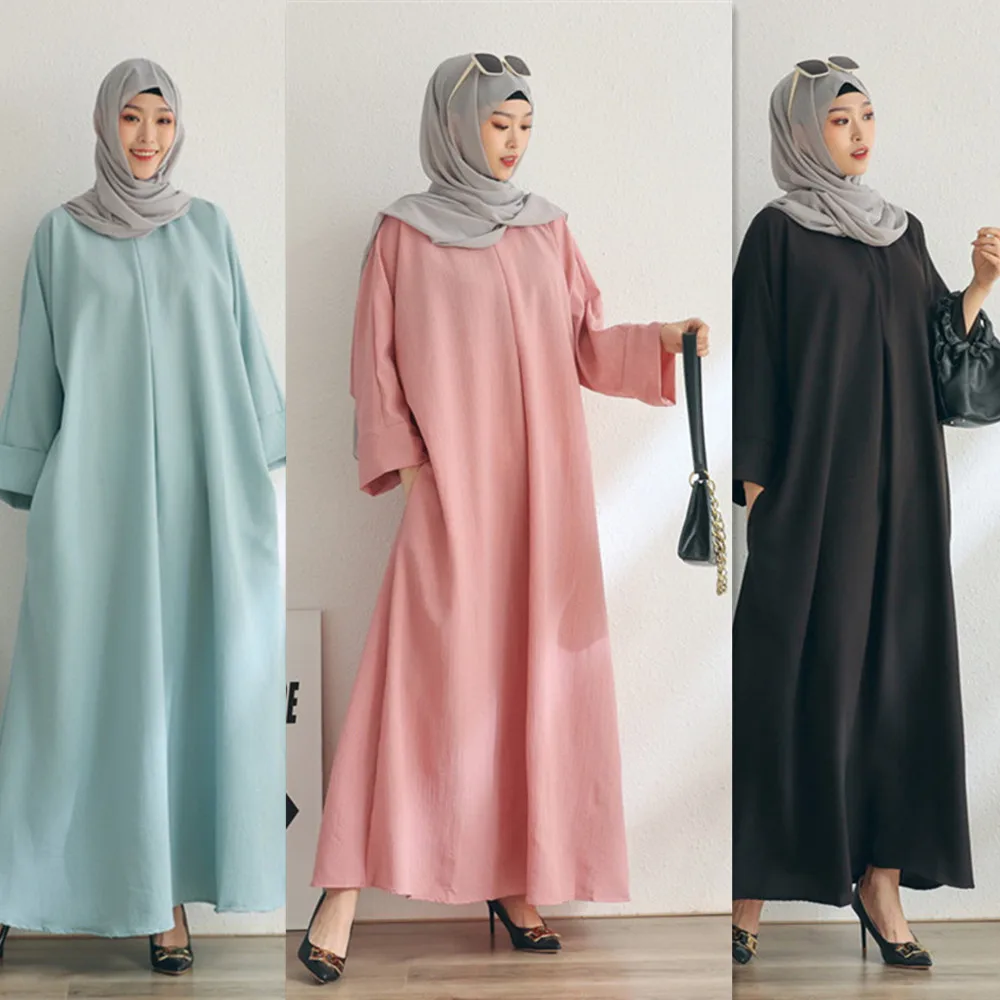 

2022 New Muslim Women's Robe Big Hem Solid Color Loose Sleeve Dress Southeast Asian Long Dresses De Moda Musulmana