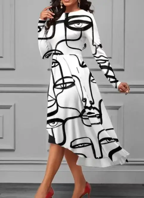 Women's Elegant Dress 2023 Sexy O-neck Slim Fitting Fashionable Printed Patchwork Long Sleeved Dress Commuting Irregular Skirt