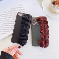 for iphone 13 12 11 pro max phone cover for iphone 13 plain leather seersucker wrist strap mobile phone case coffee color black