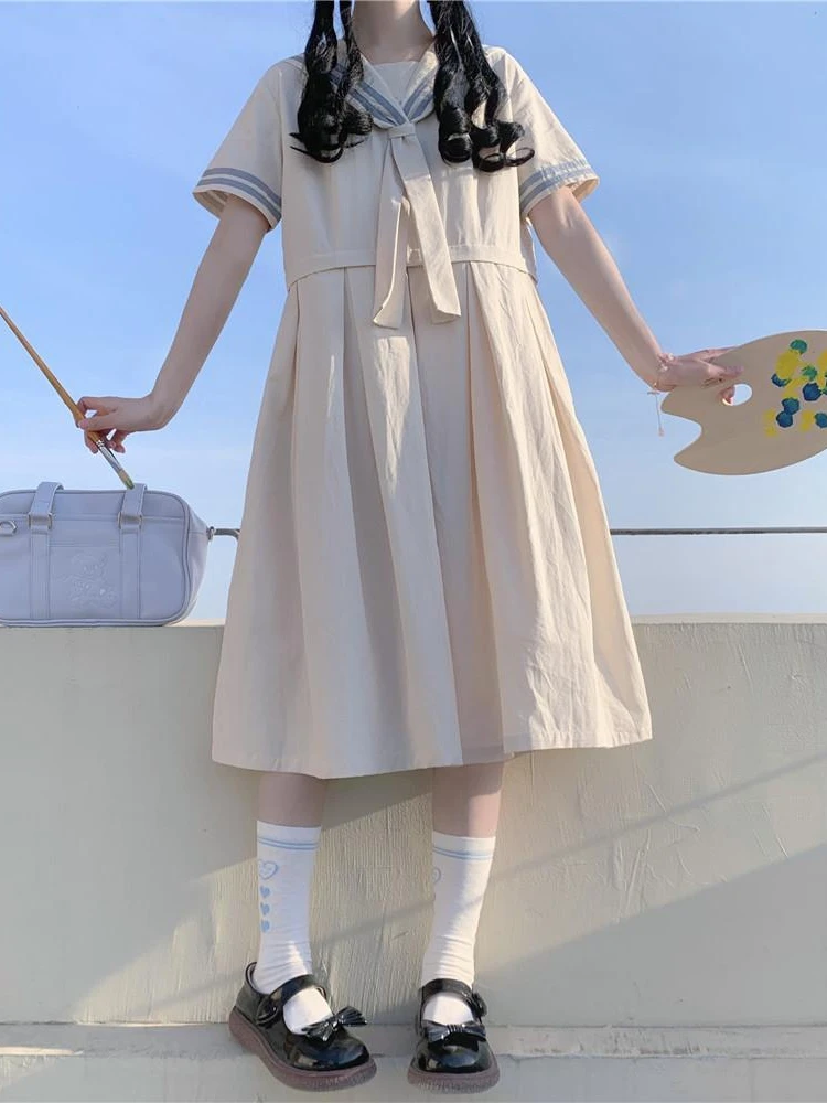 

HOUZHOU Kawaii Short Sleeve Dress Women Summer 2022 Lolita Preppy Style Sailor Collar Mid-Calf Dresses Sweet Cute Japanese