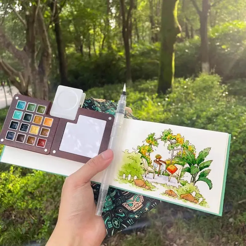 Фото Портативный набор акварельных красок, коробка для красок орехового дерева с палитрой, 8/15 цветов, дорожные мини-акварельные краски, художественные школьные принадлежности №1
